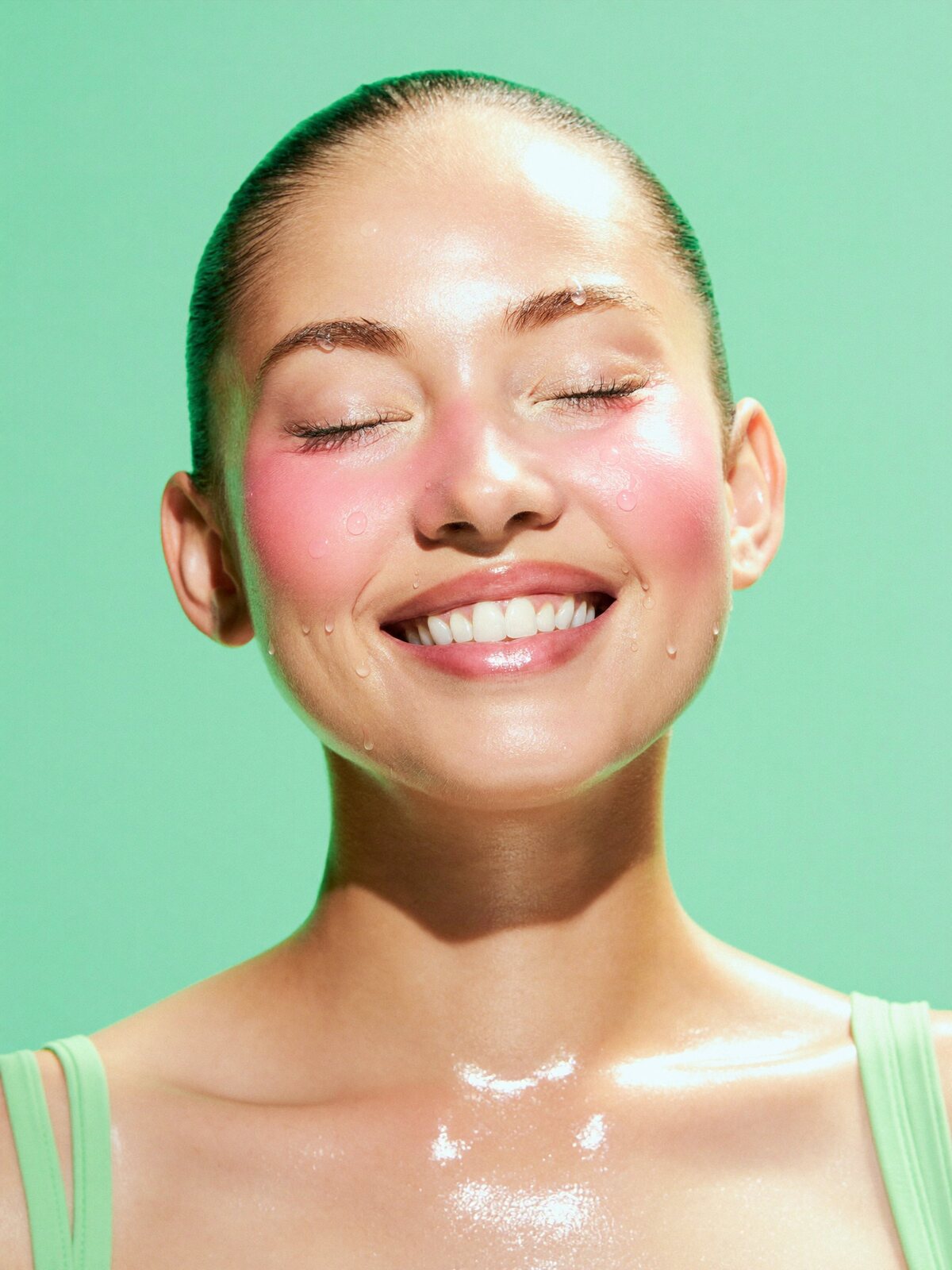 Serene woman with luminous dewy skin on a mint backdrop